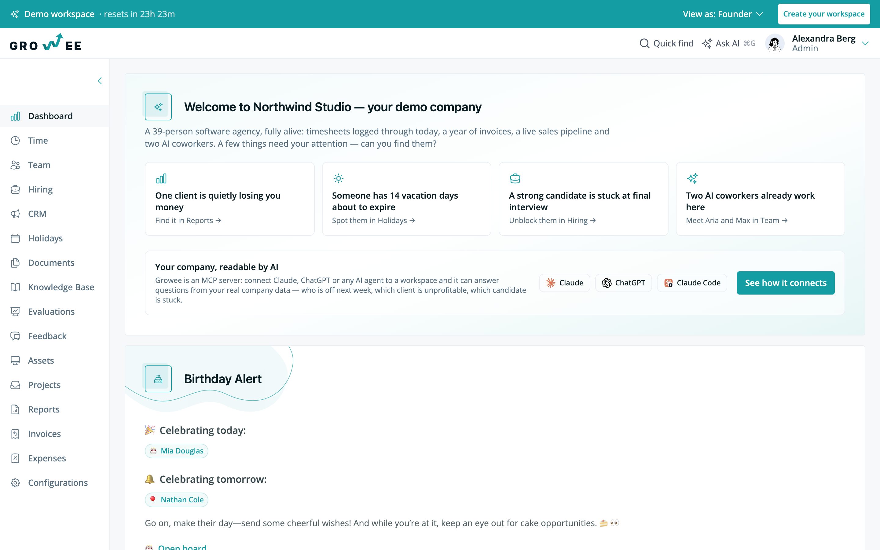 The Growee dashboard for a demo company: attention cards for an unprofitable client, expiring vacation days and a candidate stuck at final interview, above a birthday board.