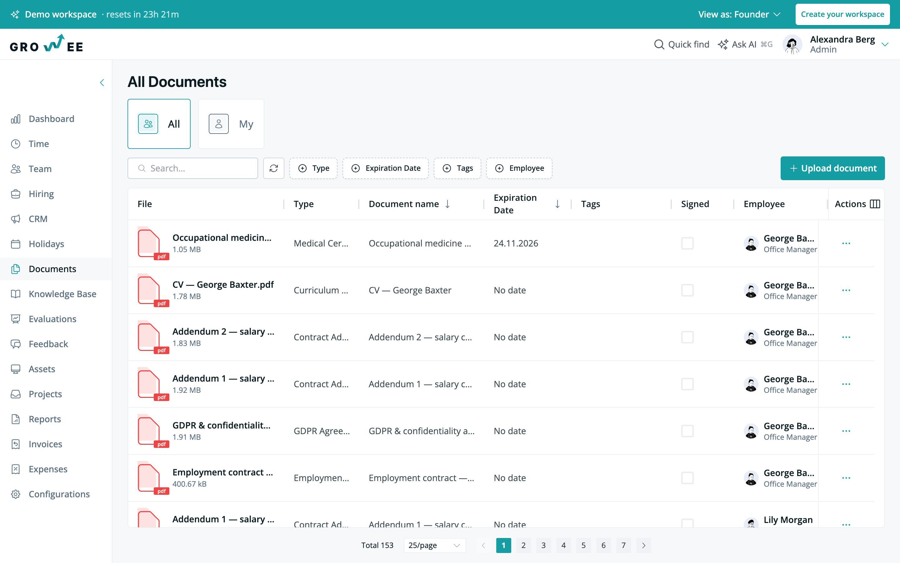 Growee's All Documents list: employment contract, salary addenda and GDPR agreement rows with type, expiration date, a Signed checkbox and the employee each belongs to.