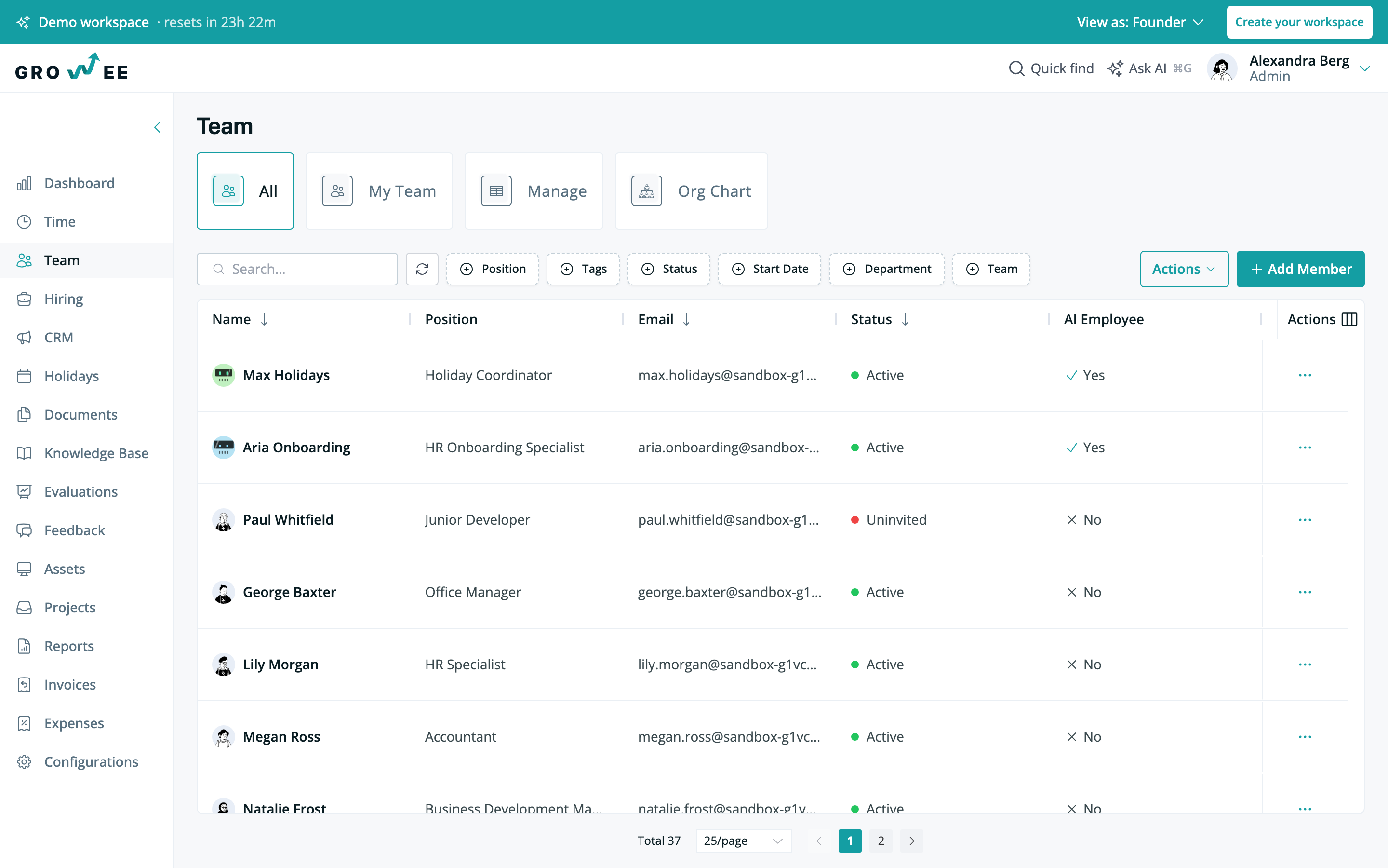 Growee's team list: one record per employee with position, work email and status, plus tabs for My Team, Manage and Org Chart.