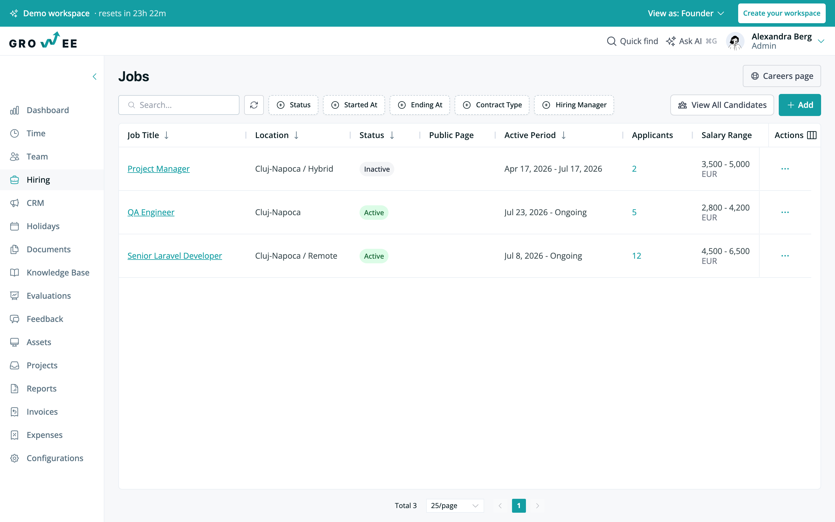 The Growee hiring board with open startup roles, their departments, locations and candidate pipelines.