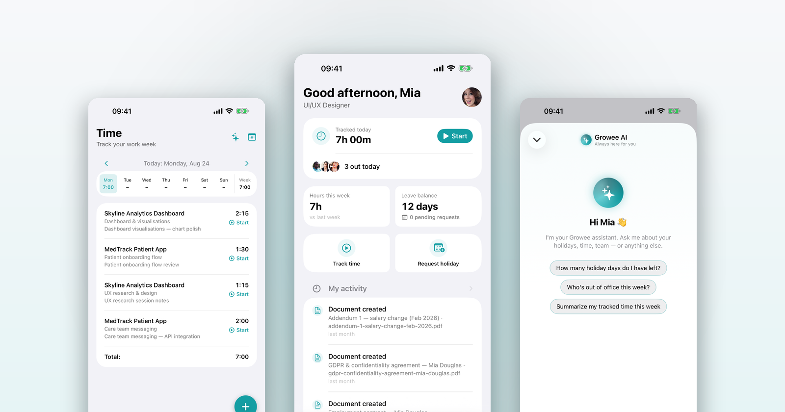 Three iPhone screens of the Growee app: the weekly time view, the home dashboard and the Growee AI assistant