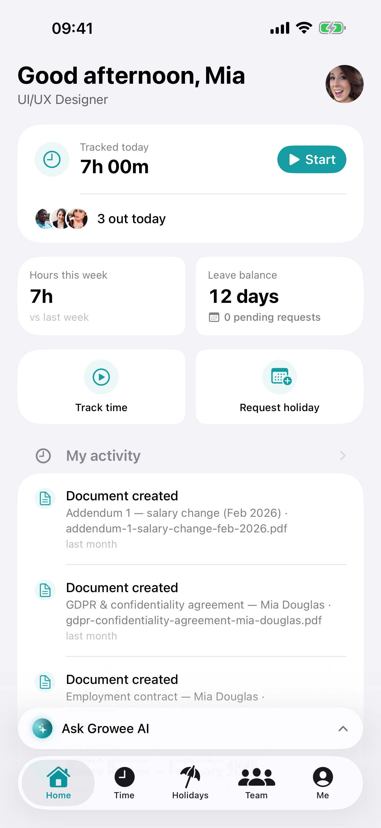 Growee dashboard on iPhone with tracked hours, who's out today, leave balance and quick actions