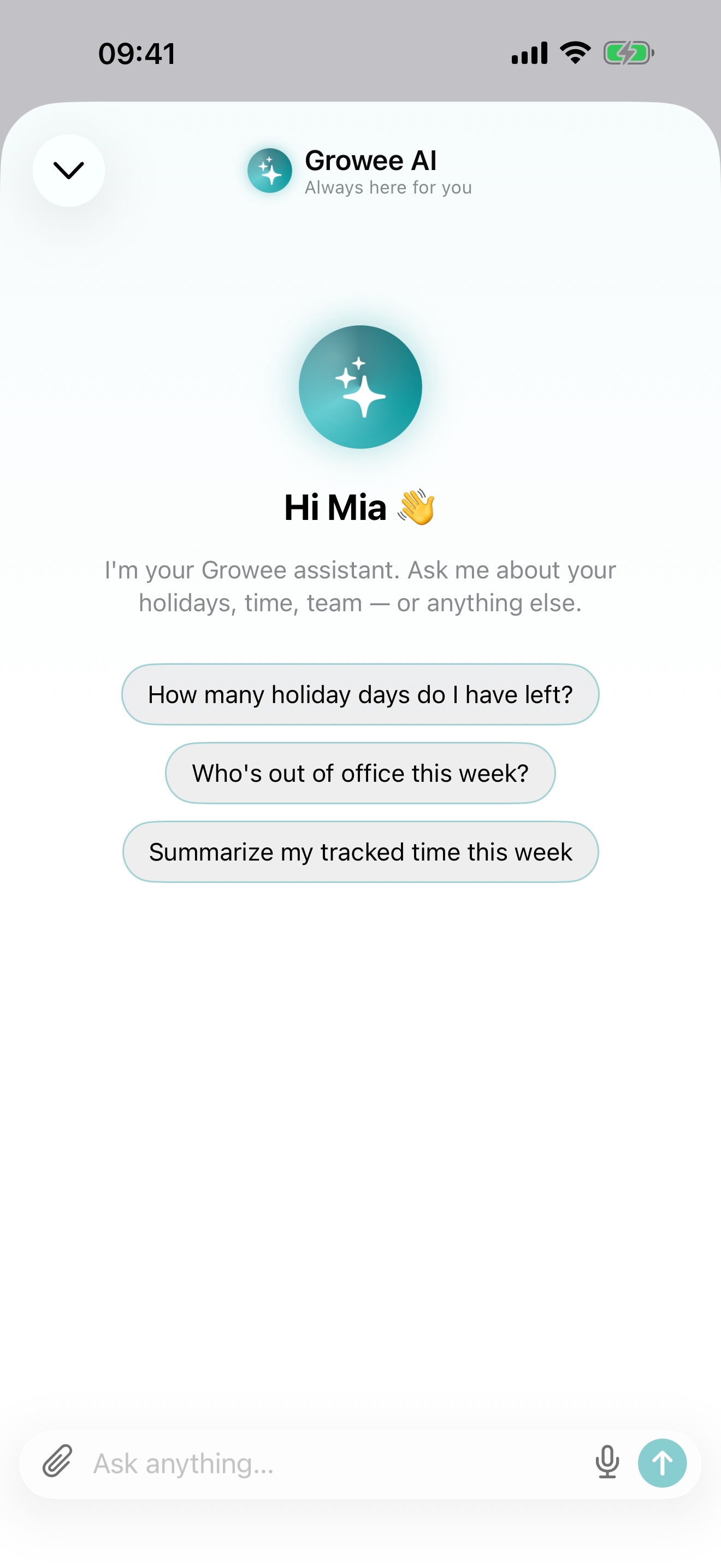 Growee AI chat on iPhone with suggested questions about holidays, time and the team