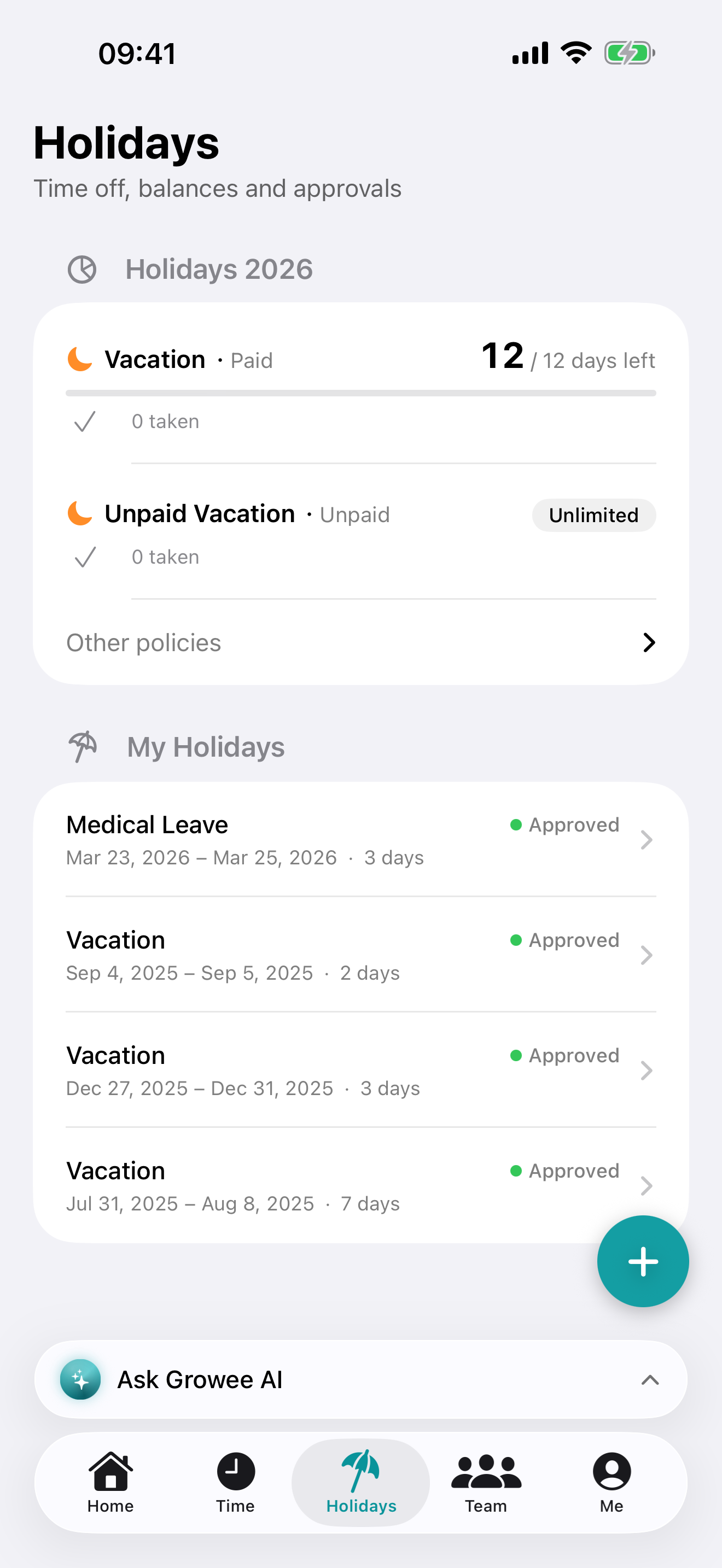 Holidays screen on iPhone showing leave balances and a list of approved requests