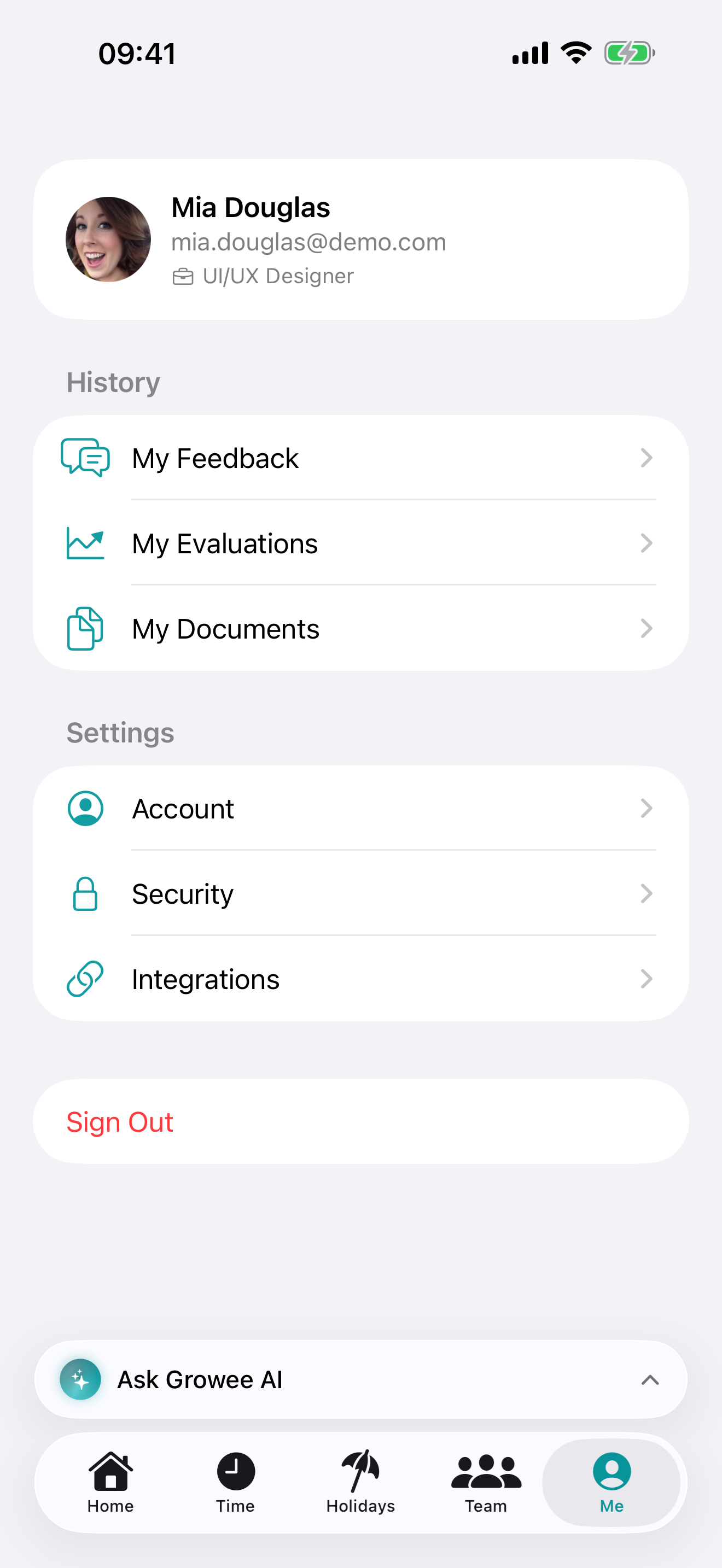 Me screen on iPhone with feedback, evaluations, documents and settings
