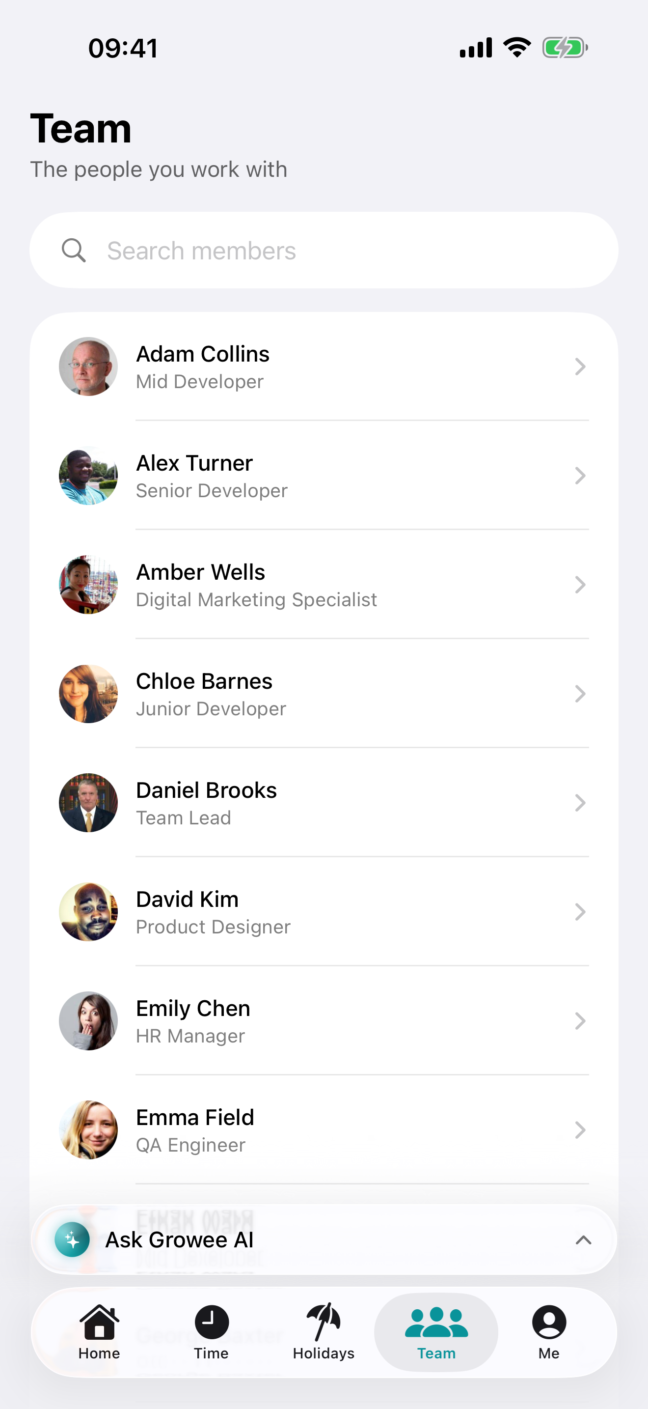 Team directory on iPhone with search and member roles
