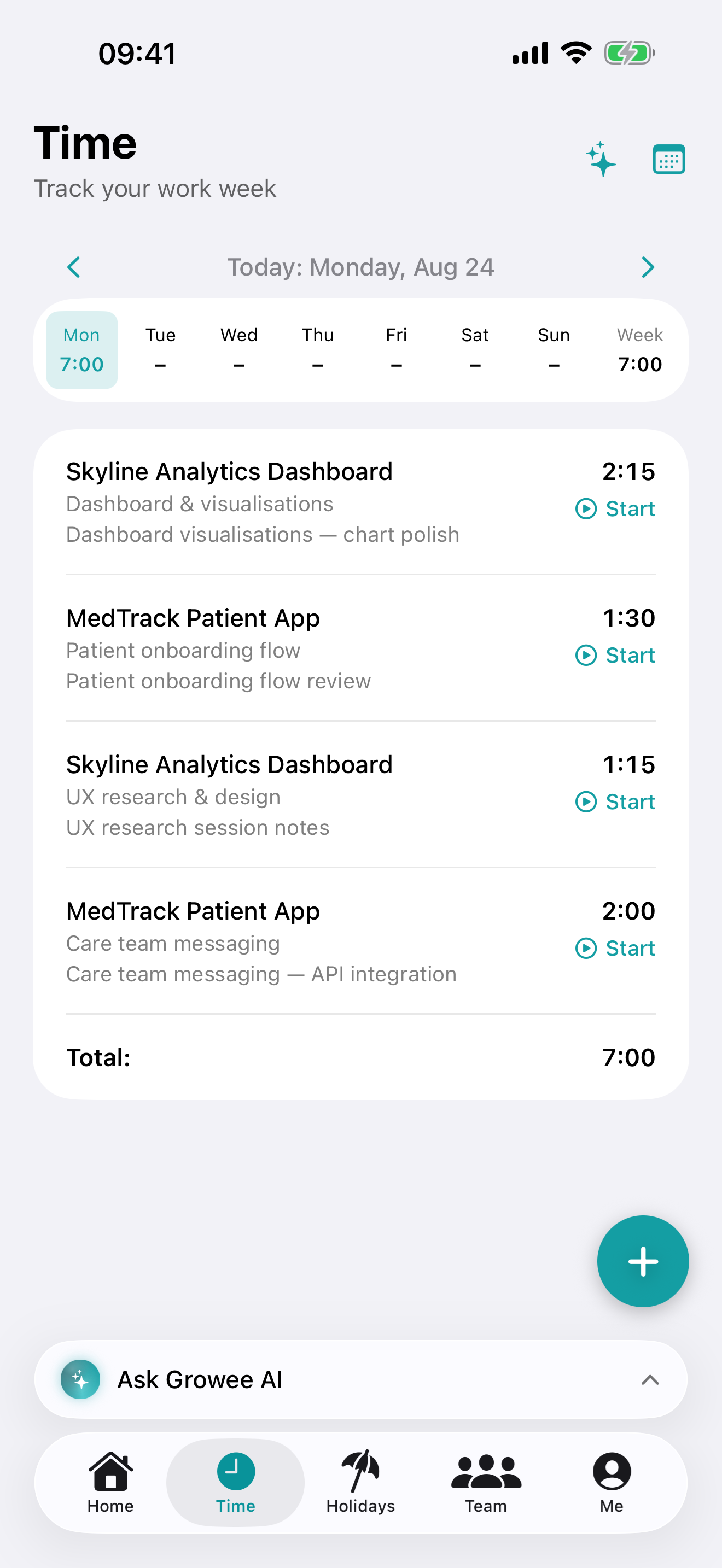 Weekly time tracking view on iPhone with entries per project and a running total