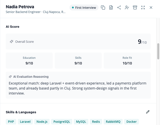Candidate detail panel for Nadia Petrova in the First Interview stage, showing an AI Score section with an overall score of 9/10, sub-scores of Education 9/10, Skills 9/10 and Role Fit 10/10, and the written AI evaluation reasoning underneath.