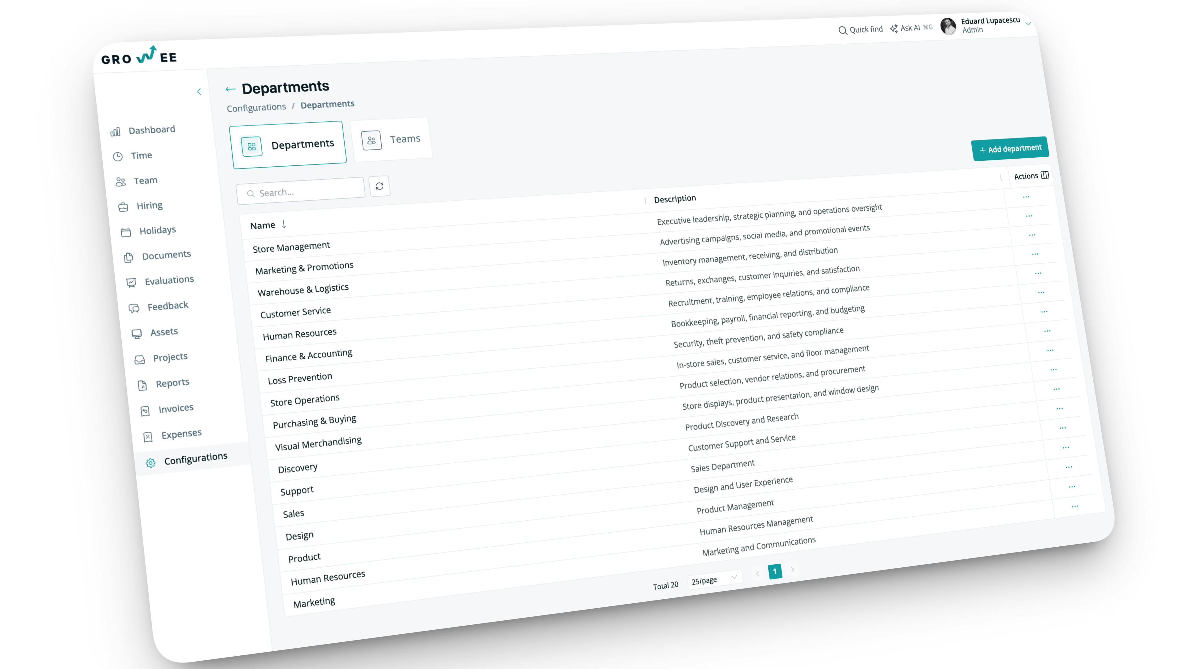 Configure departments with teams and work locations