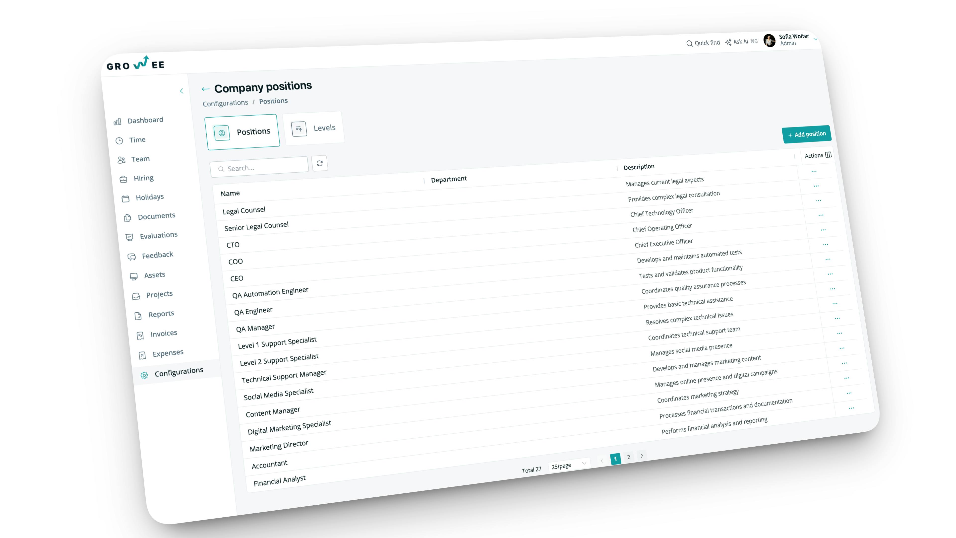 Configure positions and levels within the company