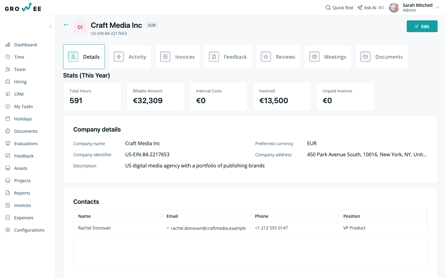 The client page open on the Details tab, showing this-year stats, company details, and contacts