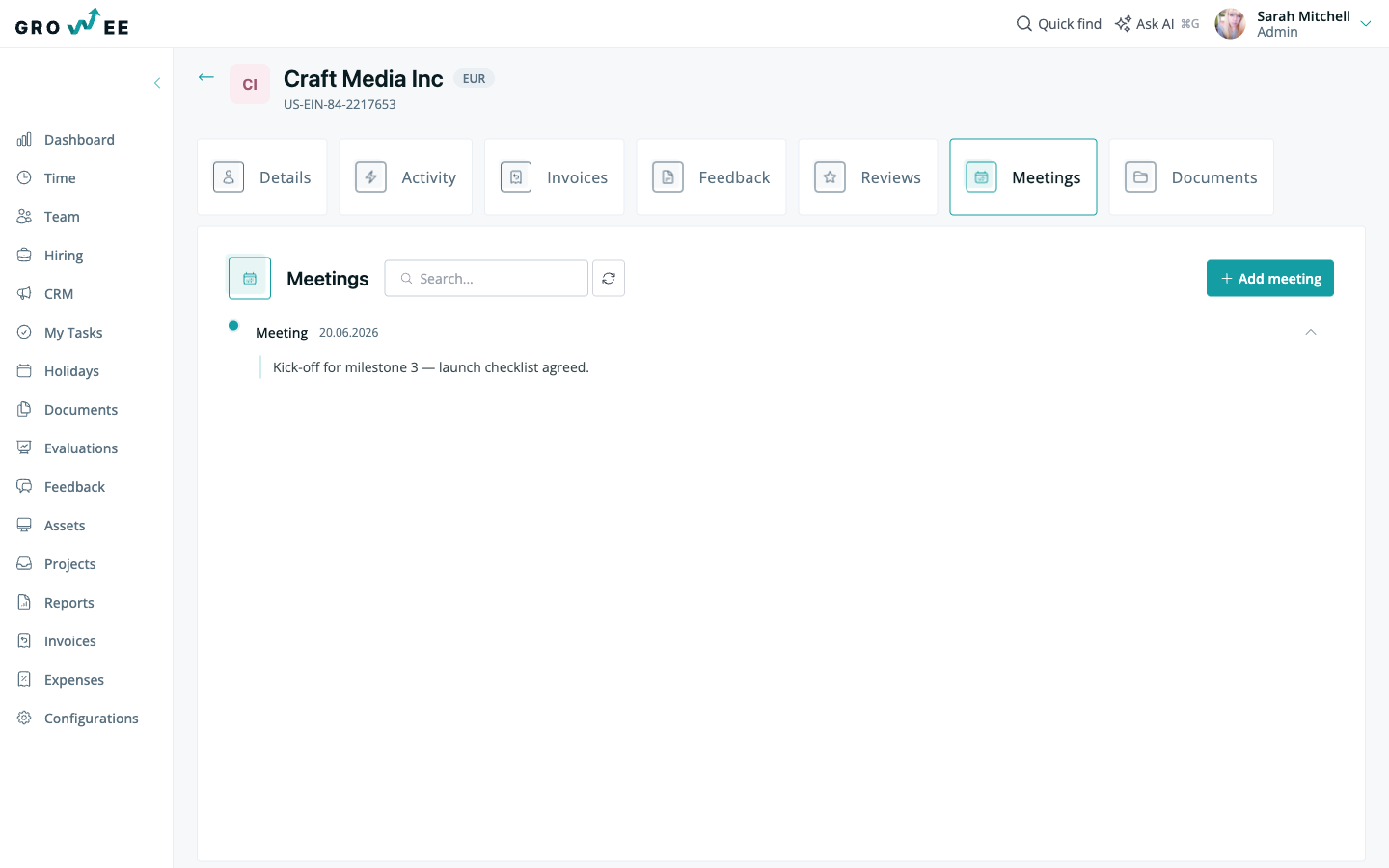The Meetings tab listing client meeting notes with dates