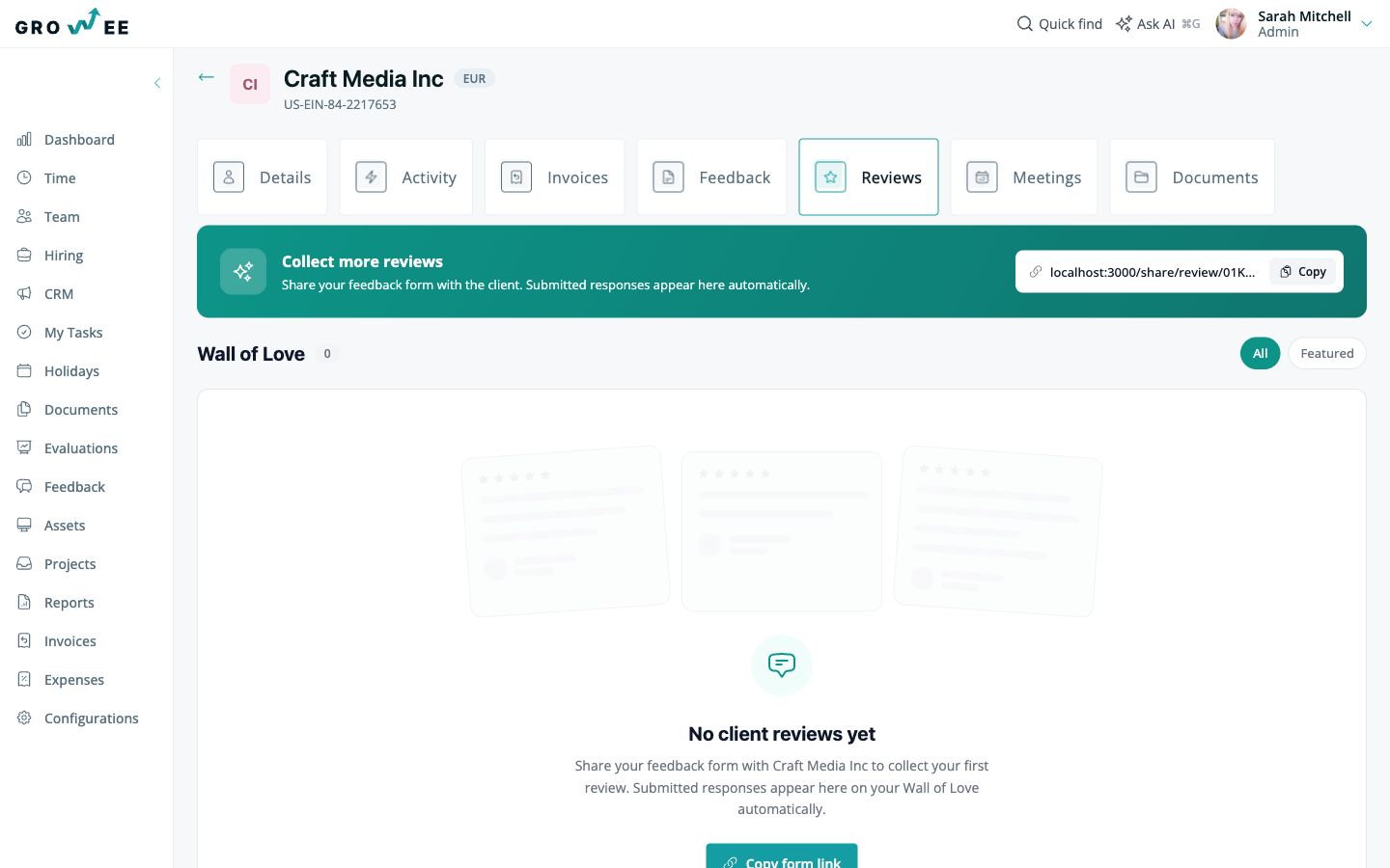 The Reviews tab with a shareable feedback form link and the Wall of Love