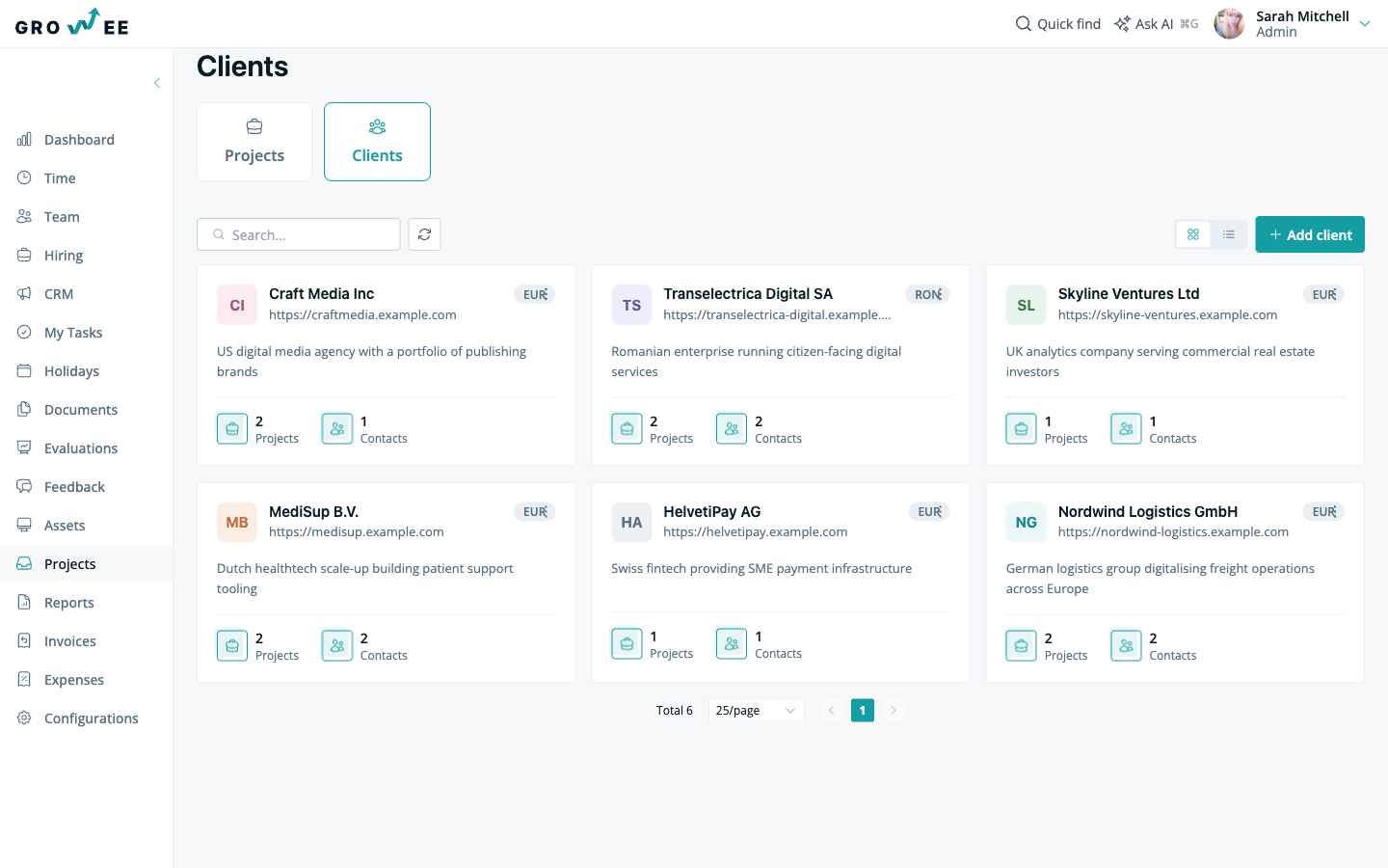 The Clients tab with client cards