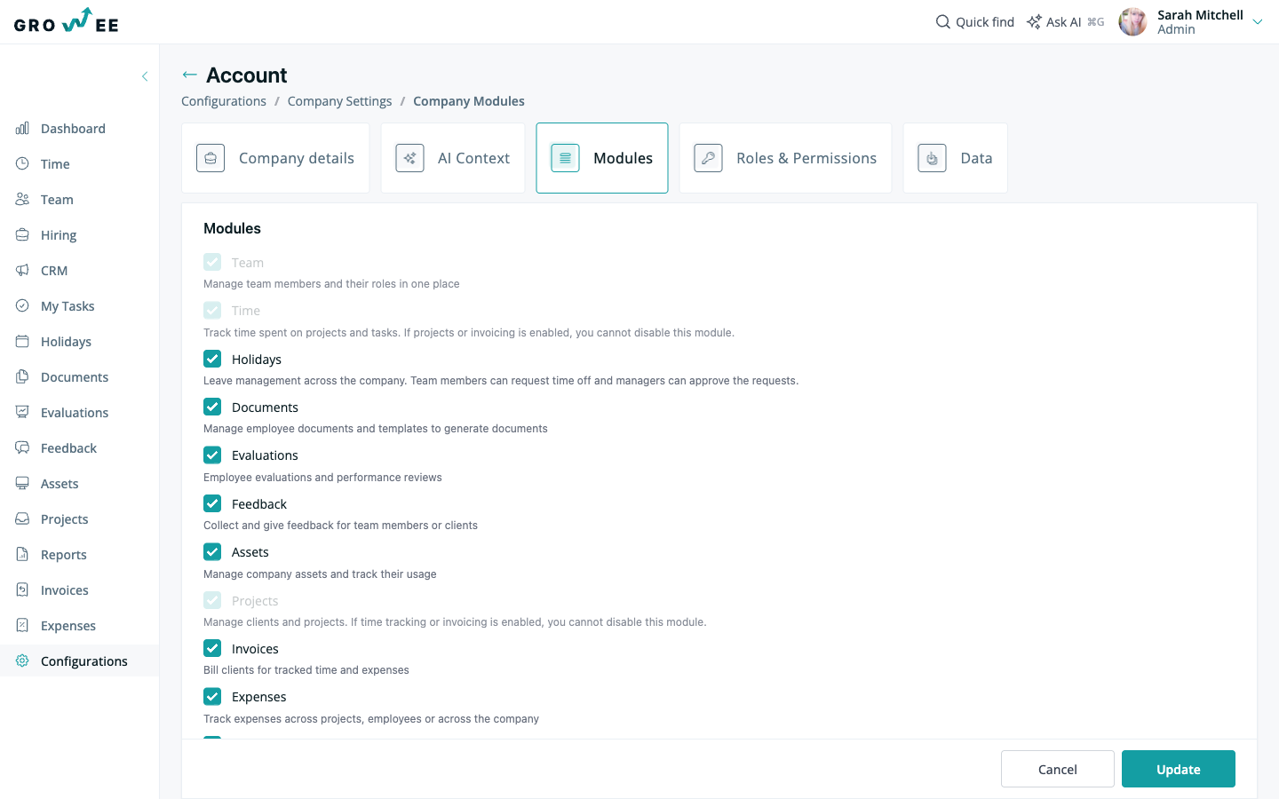 The Modules tab with each module and a toggle to enable or disable it