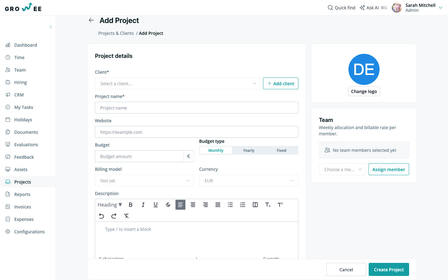 The Add Project form with project details, budget, currency, and the Team panel
