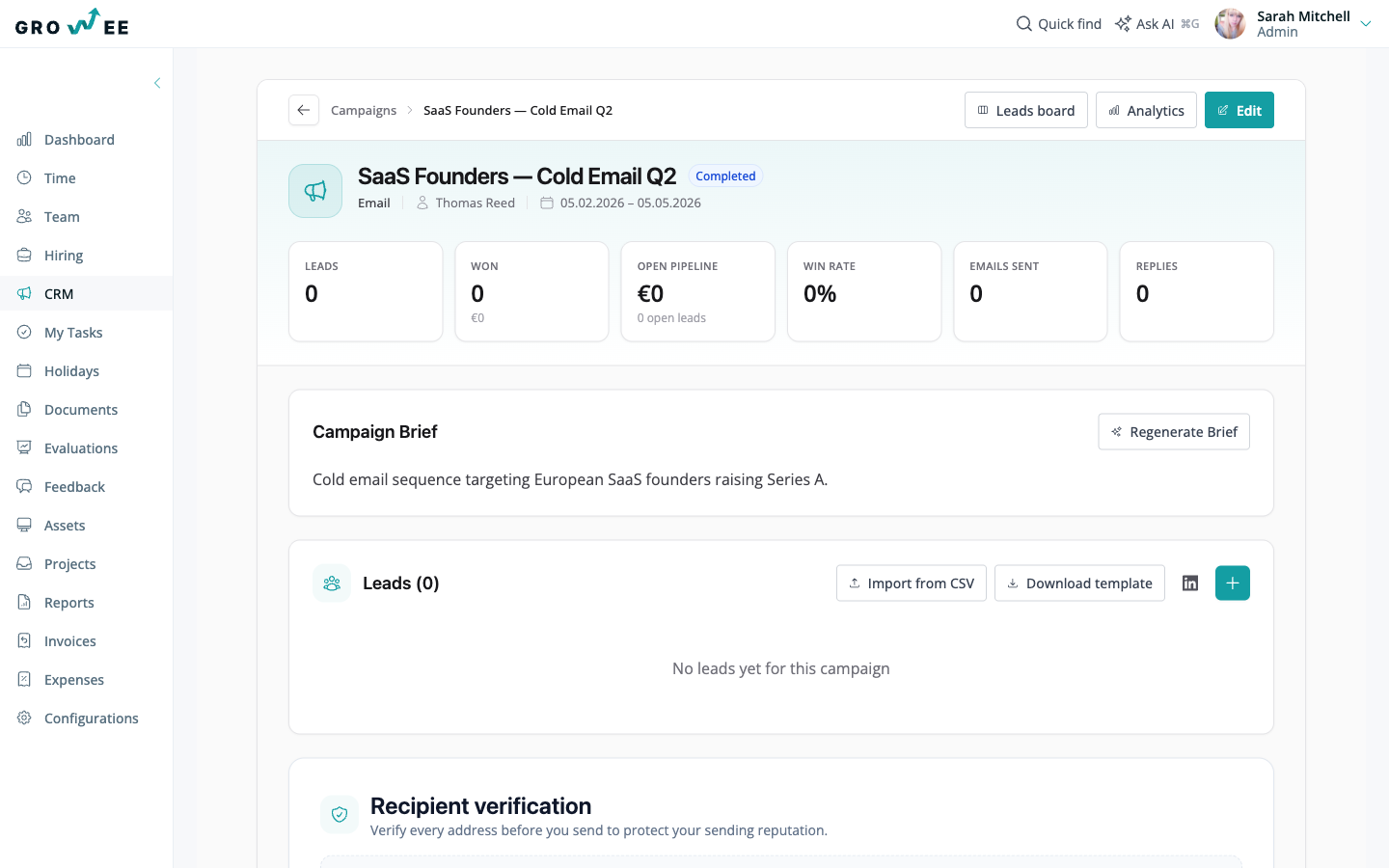 A CRM campaign page with its dashboard, brief, and leads section