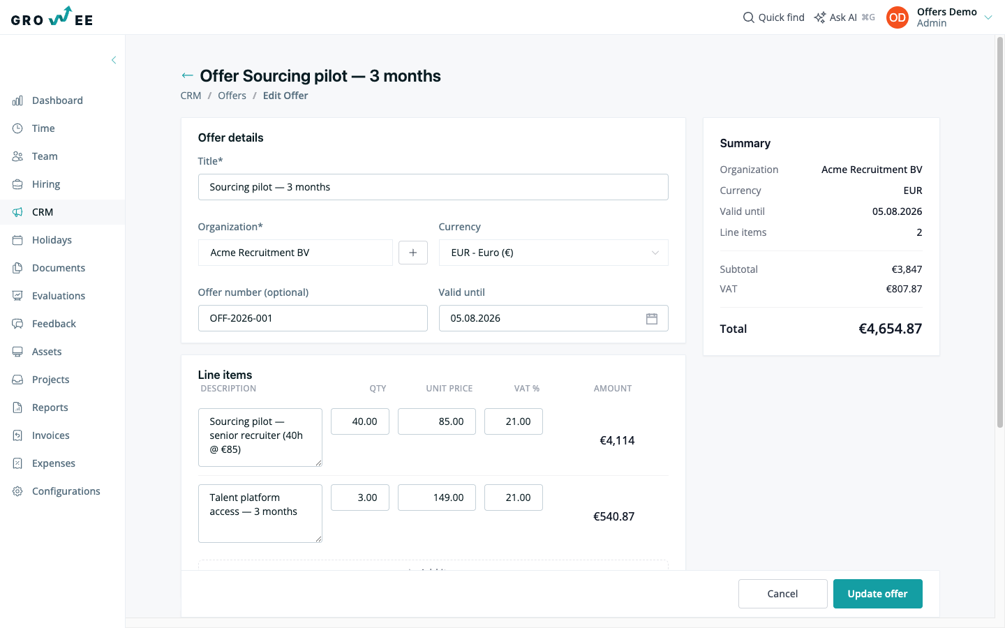 The offer builder with the offer details, line items with quantity, unit price and VAT columns, and live subtotal, VAT, and total