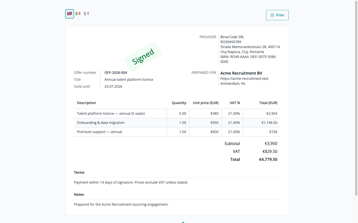 The public offer share page showing your logo, company details, the prepared-for block, line items, and totals