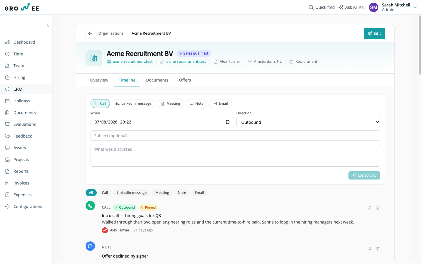 An organization page showing the company header with its lifecycle badge, owner, and the Overview, Timeline, Documents, and Offers tabs