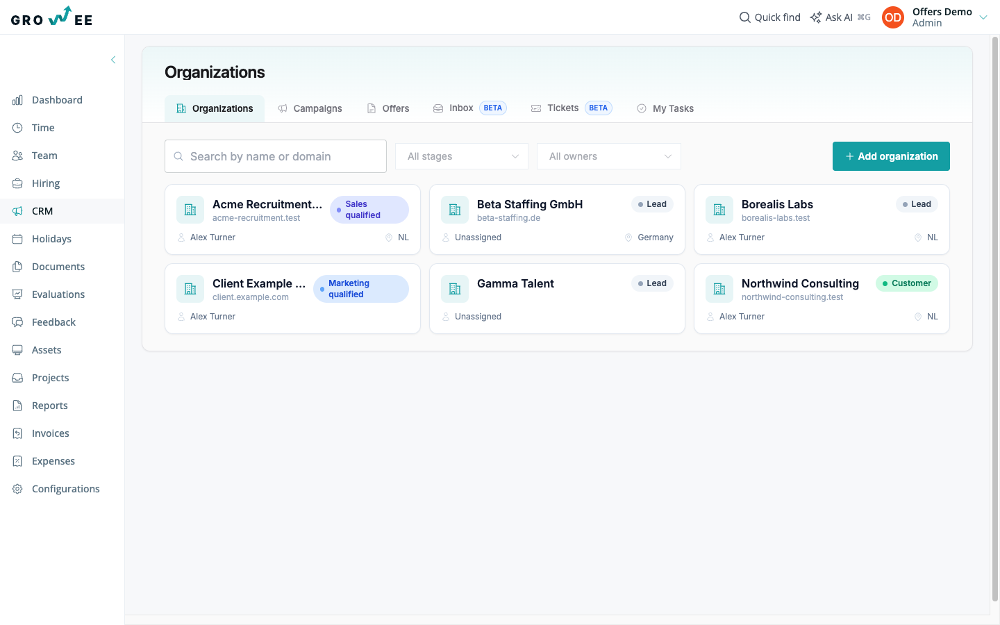 The CRM organizations list, showing company cards with lifecycle badges, owner, and search and filter controls