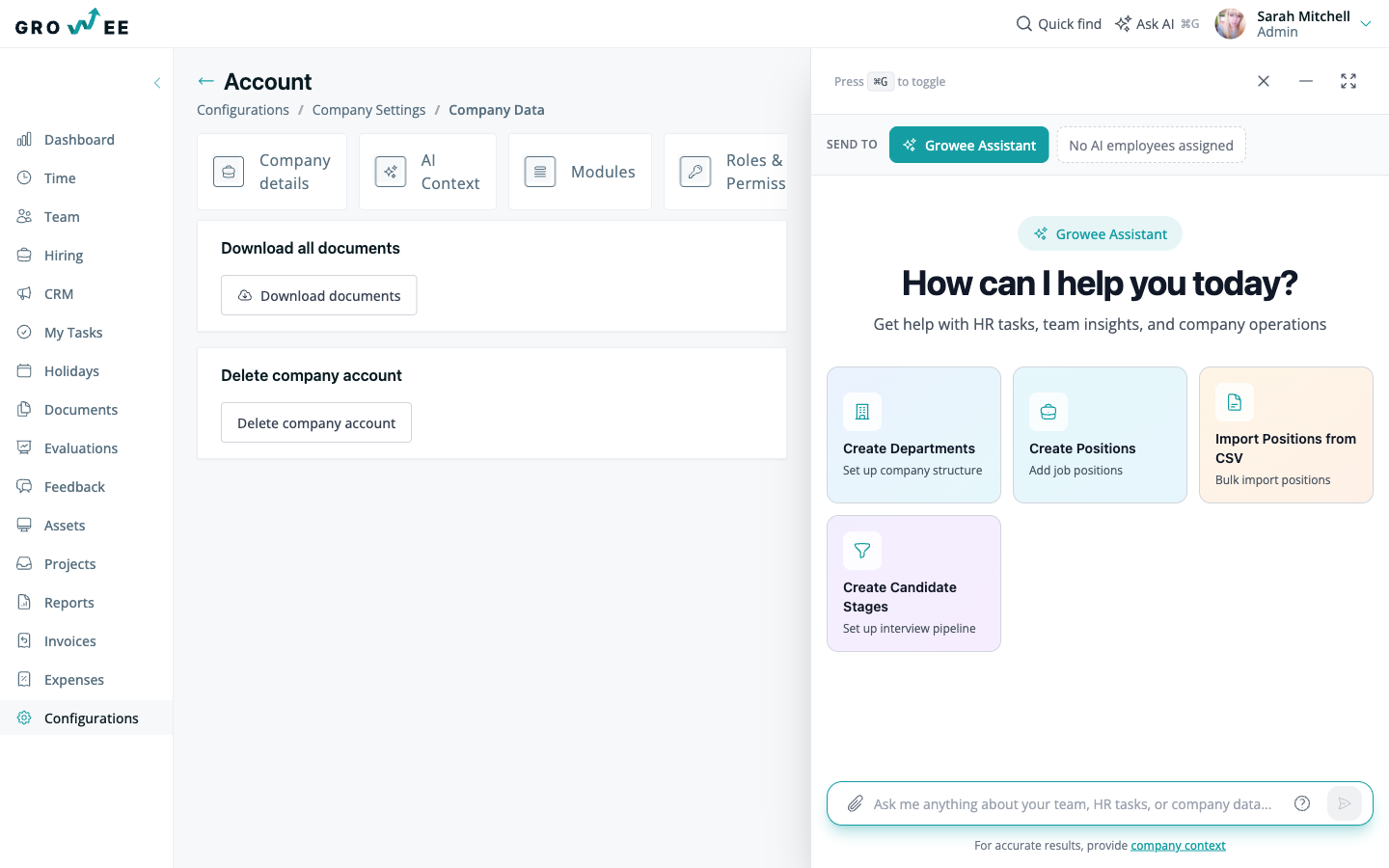 The company data export page
