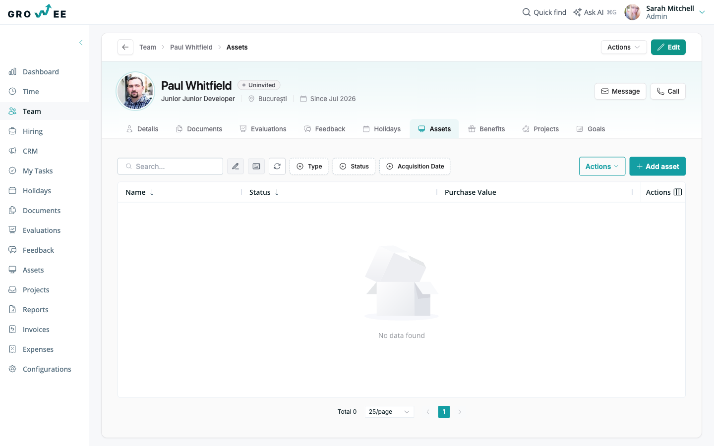 The Assets tab on an employee profile