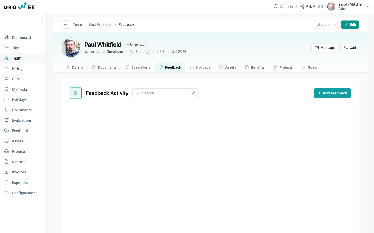 The Feedback tab on an employee profile