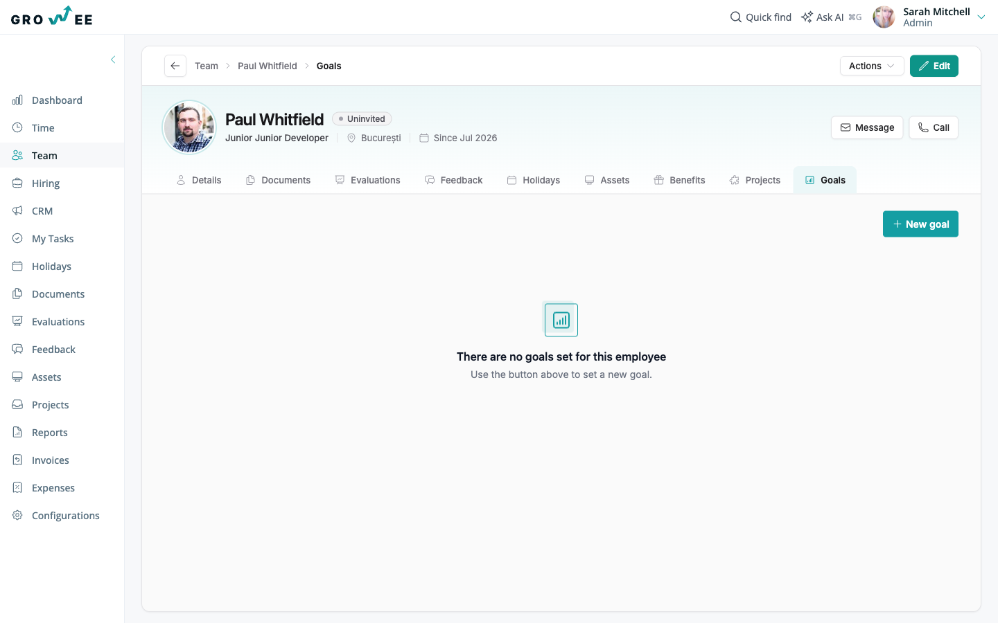 The Goals tab on an employee profile