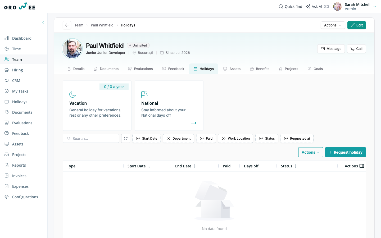 The Holidays tab on an employee profile with the leave history and balance
