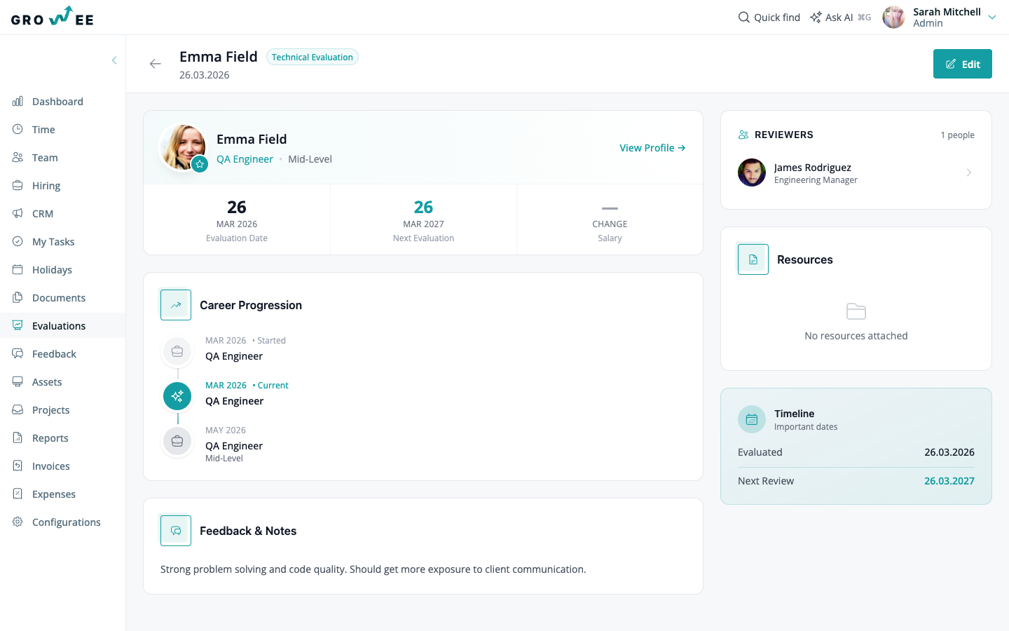 An evaluation detail page showing the review for an employee