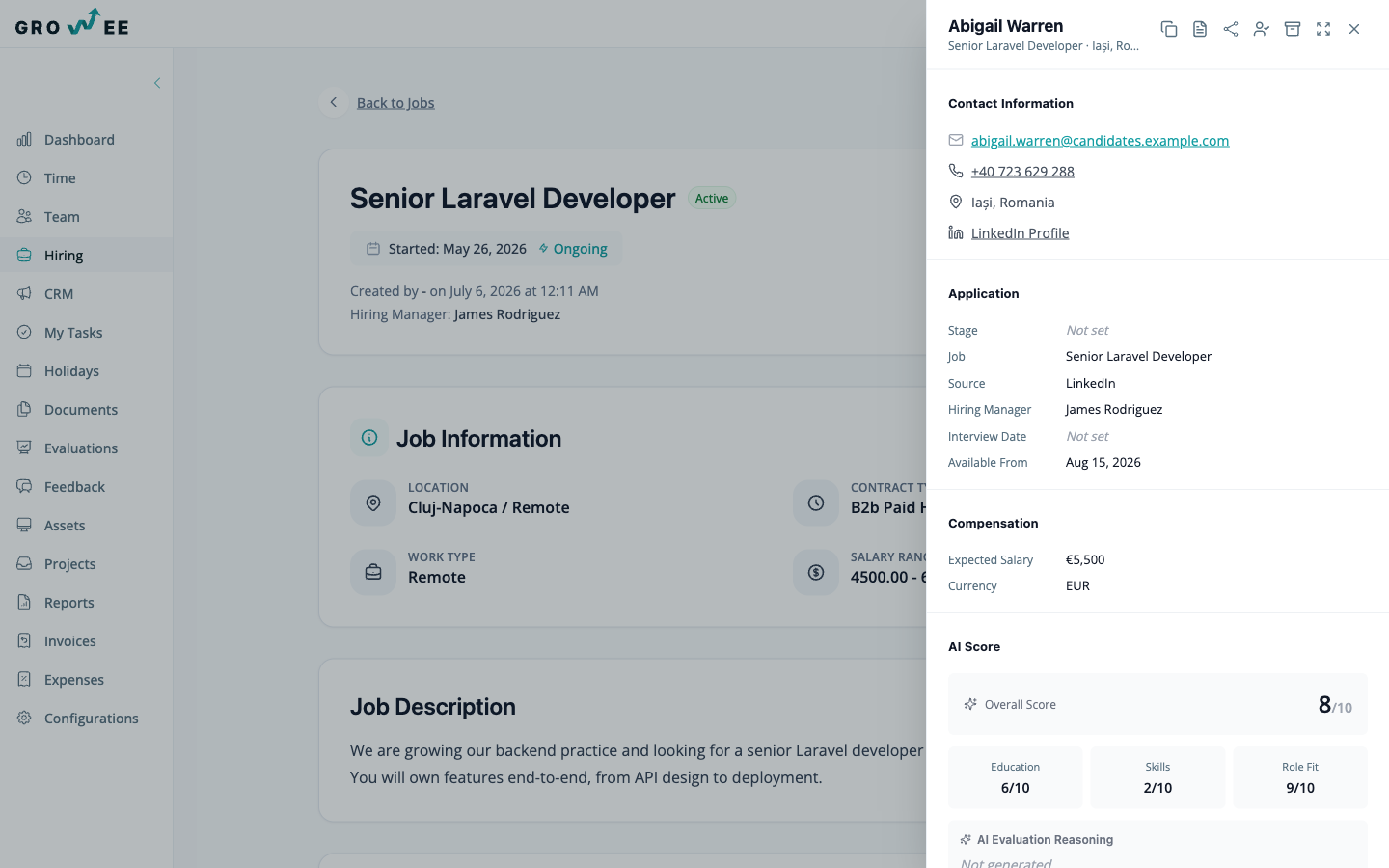 A candidate panel open next to a job, showing application details and notes