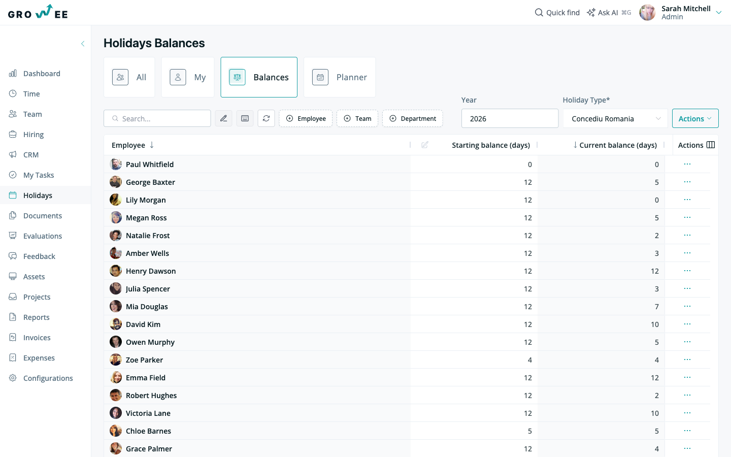 The Balances view in the Holidays module, listing per-employee balances for a policy and year