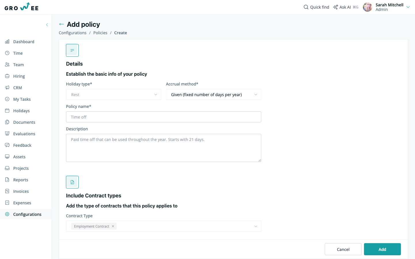 Add policy form showing the Details section with Holiday type, Accrual method, Policy name, Description, and Include Contract types fields