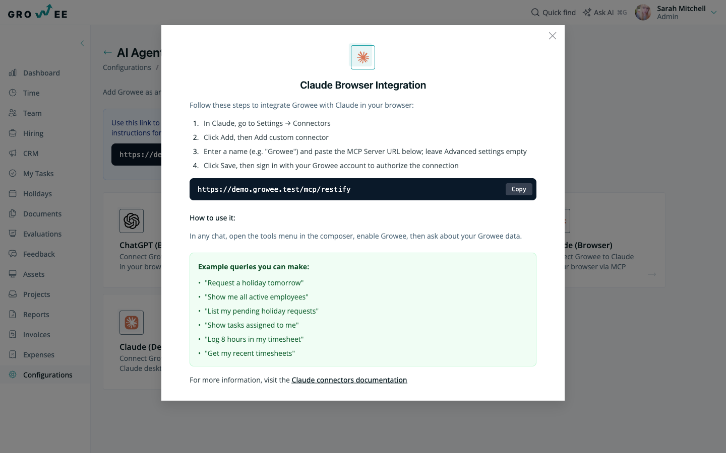 The Claude Browser Integration dialog in Growee, listing the four connector setup steps, the MCP server URL, and example queries