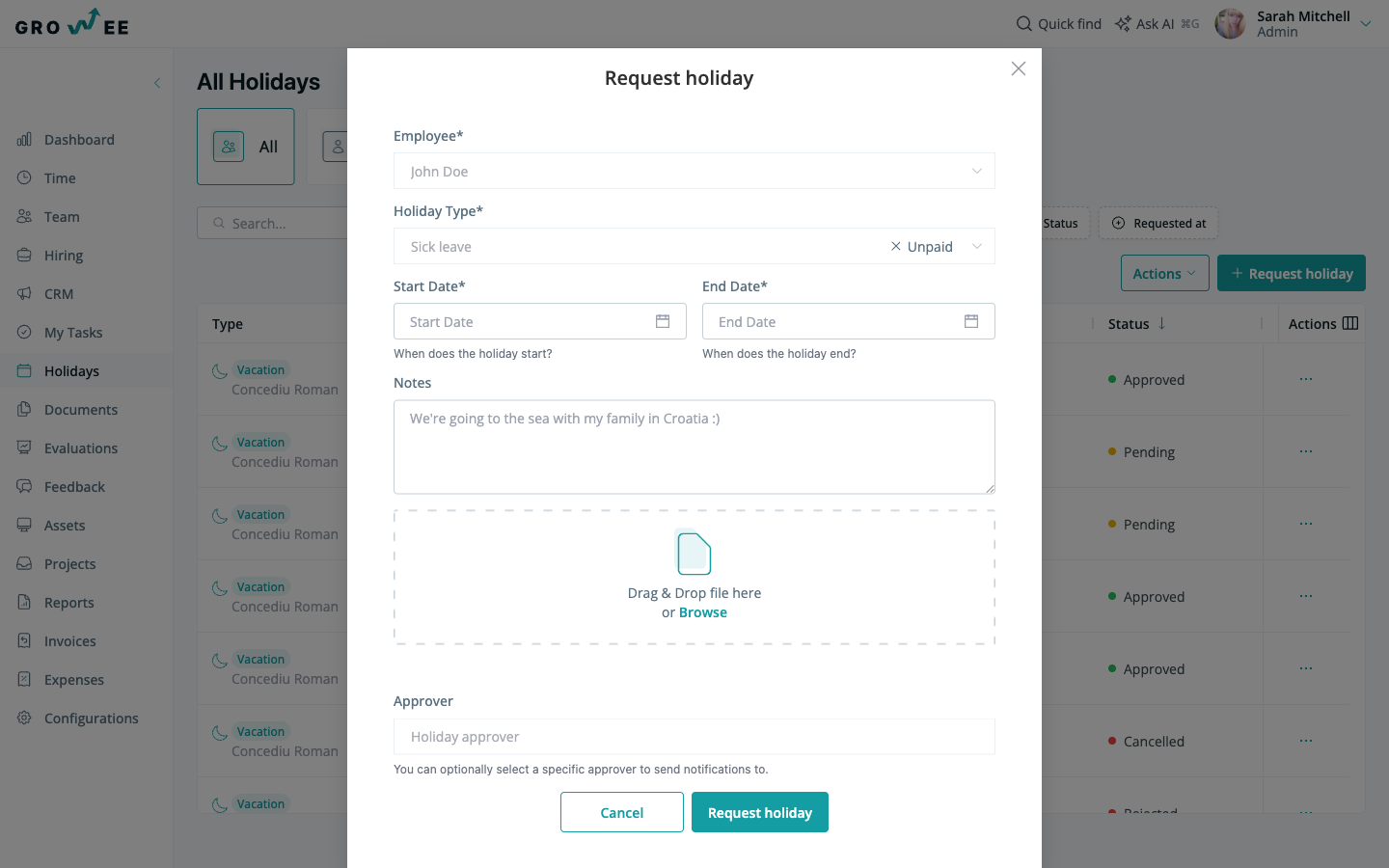 The request holiday form with holiday type, dates, approver, and reason
