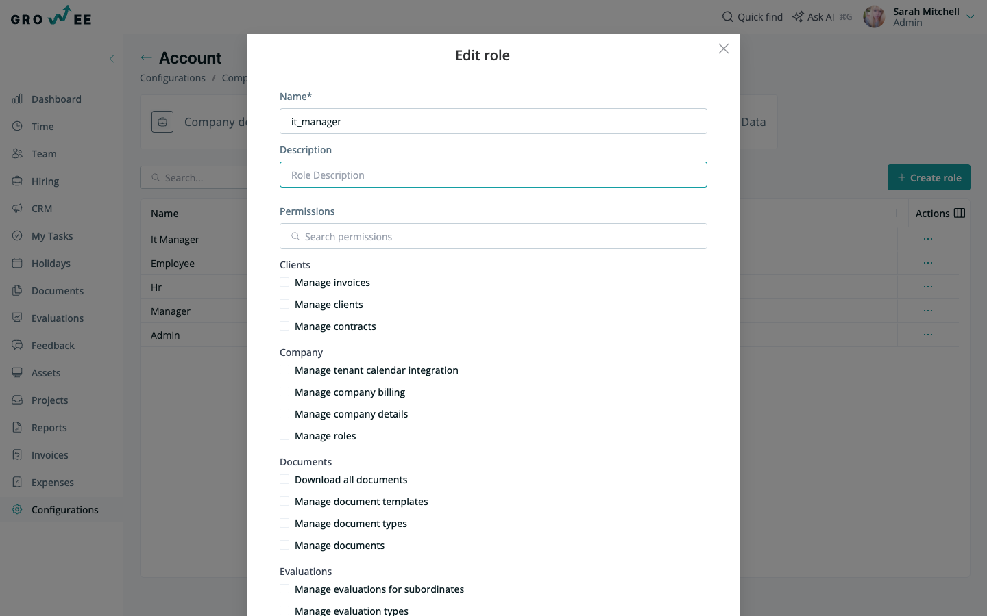 Permission editor with permissions grouped by module and a checkbox for each granular permission