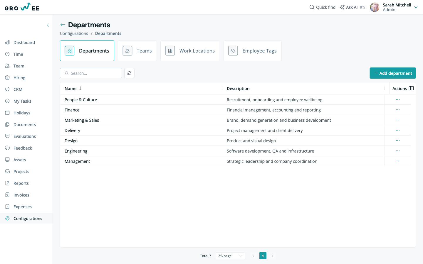 The Departments settings list