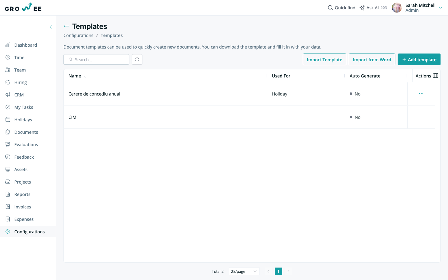 The document templates list in Configurations
