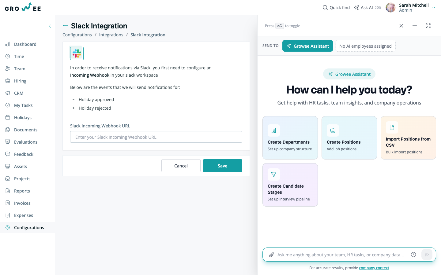 The Slack integration page in Growee