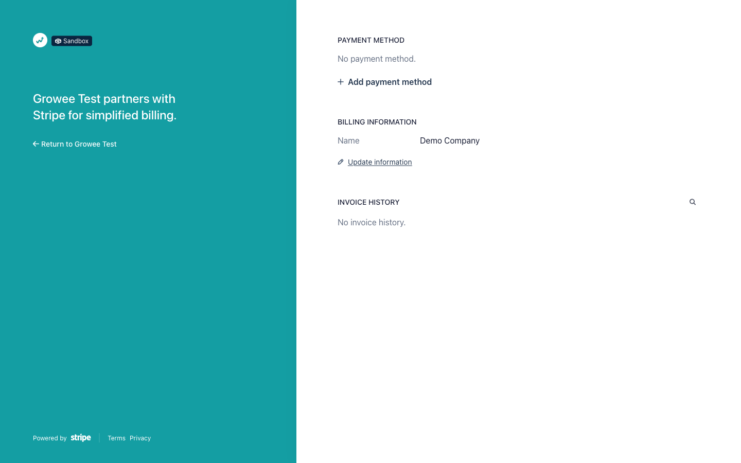 The Stripe billing portal with payment method, billing information, and invoice history
