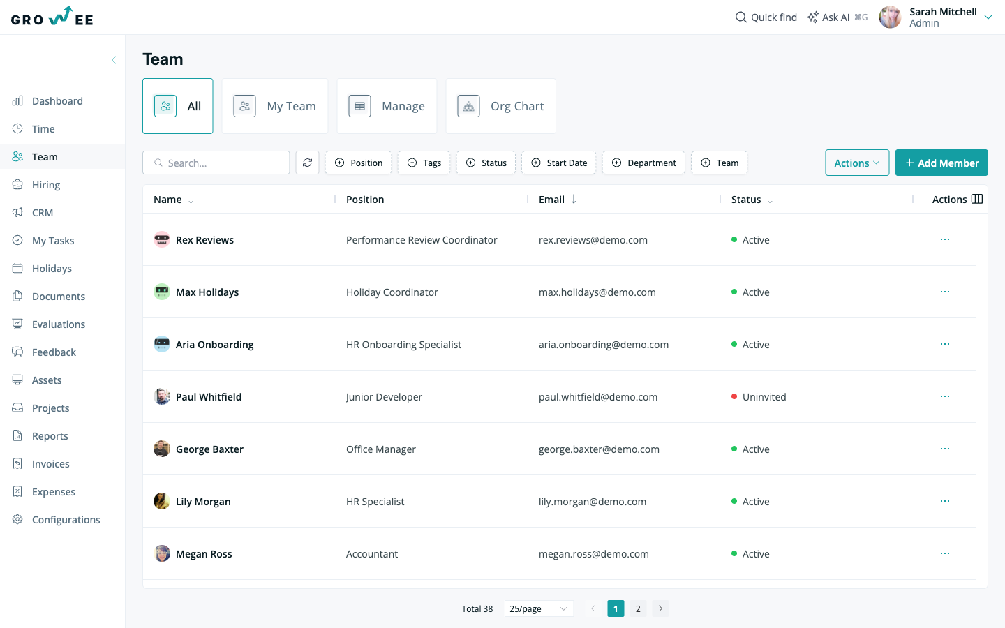 The Team module with the employee list
