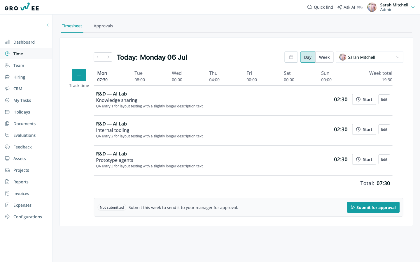The Time module showing a daily timesheet