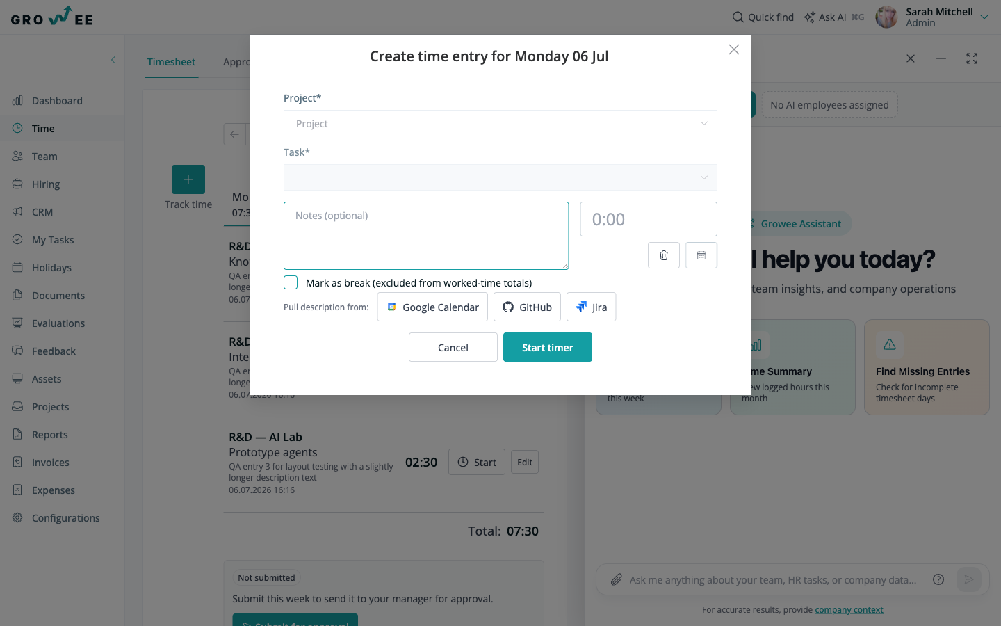 The Create time entry form with project, task, notes, duration, and the break checkbox