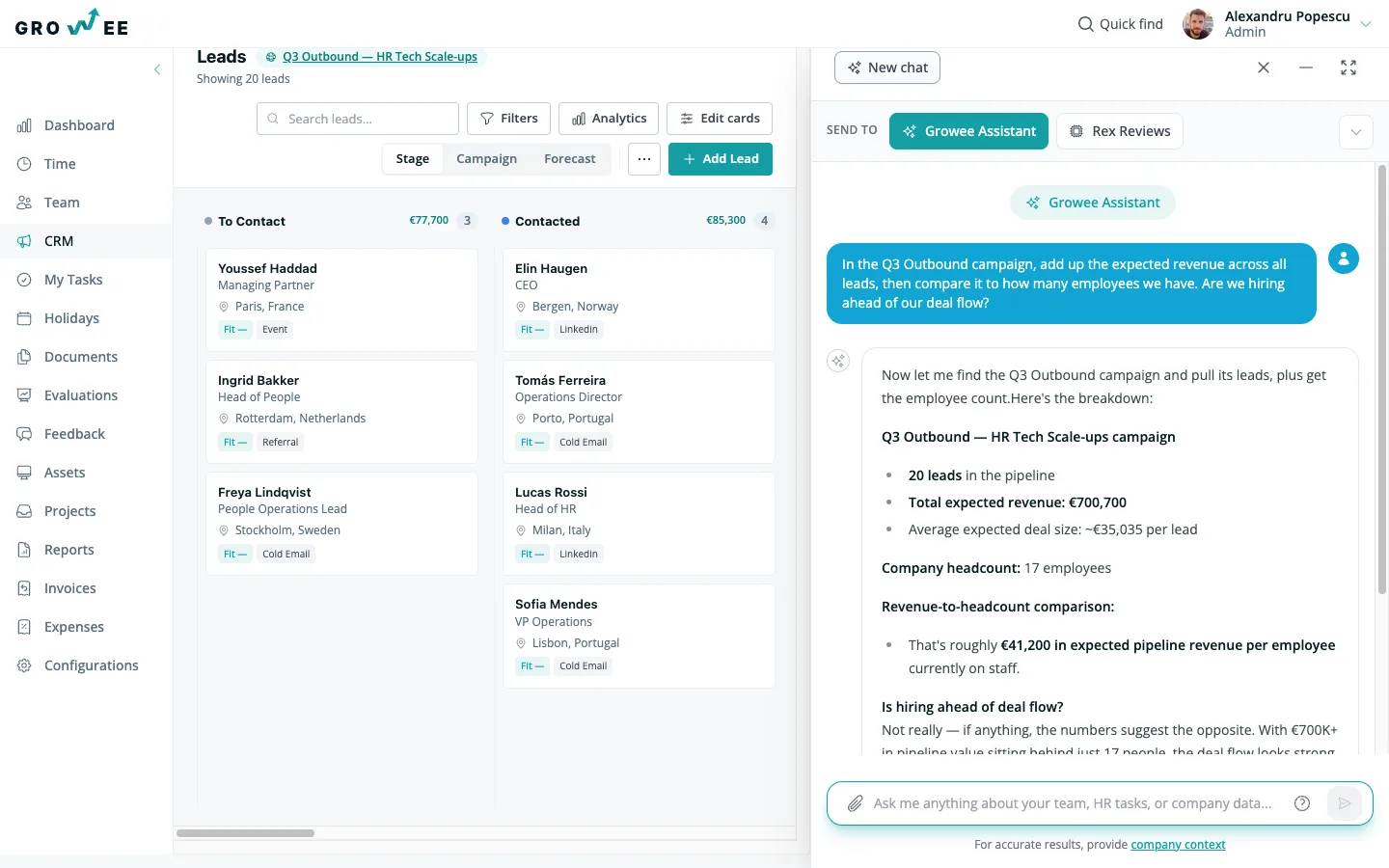 The assistant comparing headcount against pipeline revenue across HR and CRM.