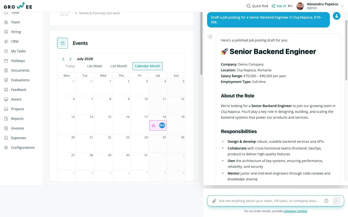 A drafted Senior Backend Engineer job posting in the assistant.