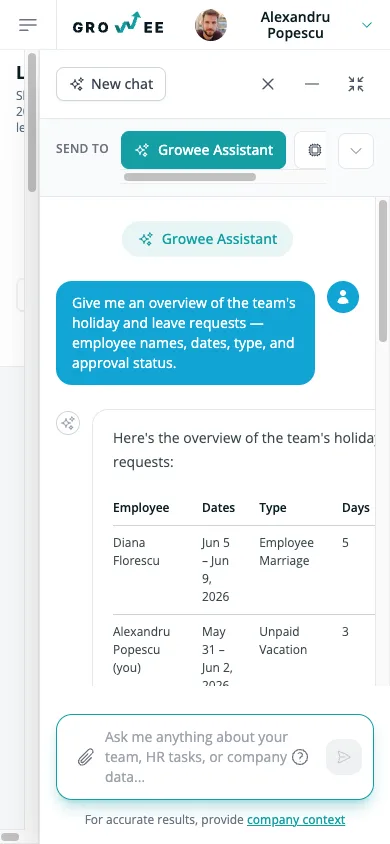 The team's leave overview, answered on a phone