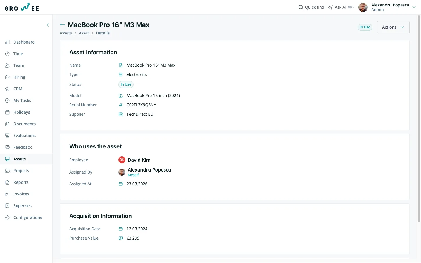 An asset detail page showing its assignee, assigner, assignment date, and purchase value.
