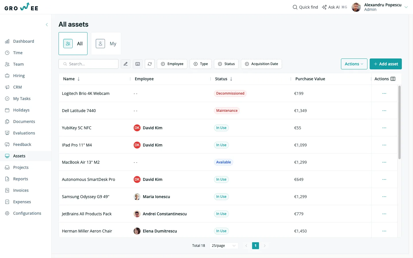 Know who has every laptop — the Growee asset inventory with assignees and statuses