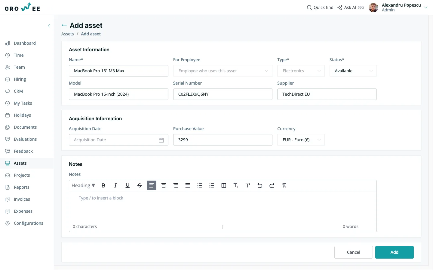The new-asset form filled in with type, model, serial number, supplier, and purchase value.